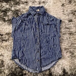 Striped Button Down Shirt Short Sleeve Casual Top  Blue White